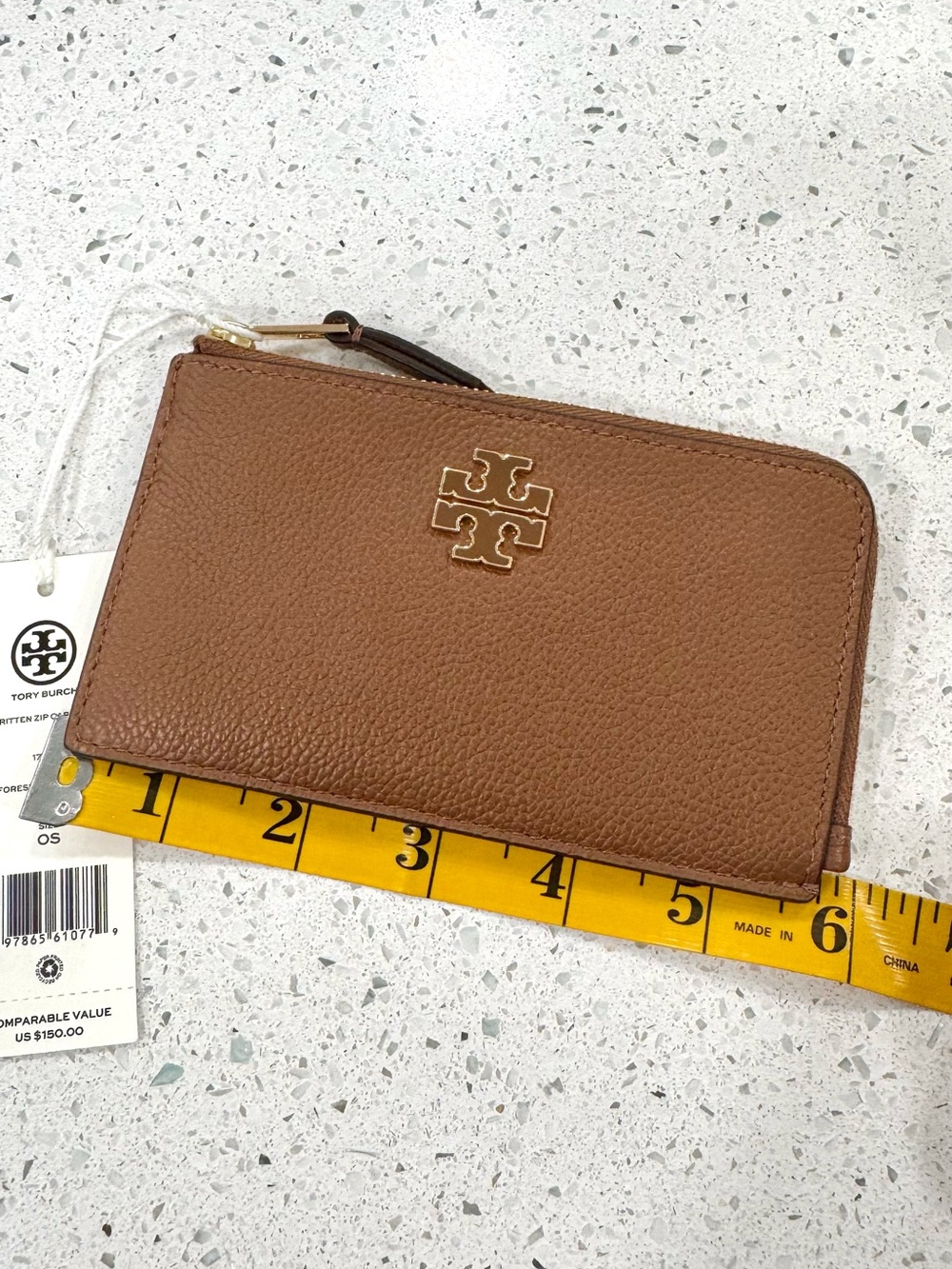 Tory Burch Britten Pebbled Leather Zip Card Case Gold Logo NWT brown tan - Picture 9 of 10